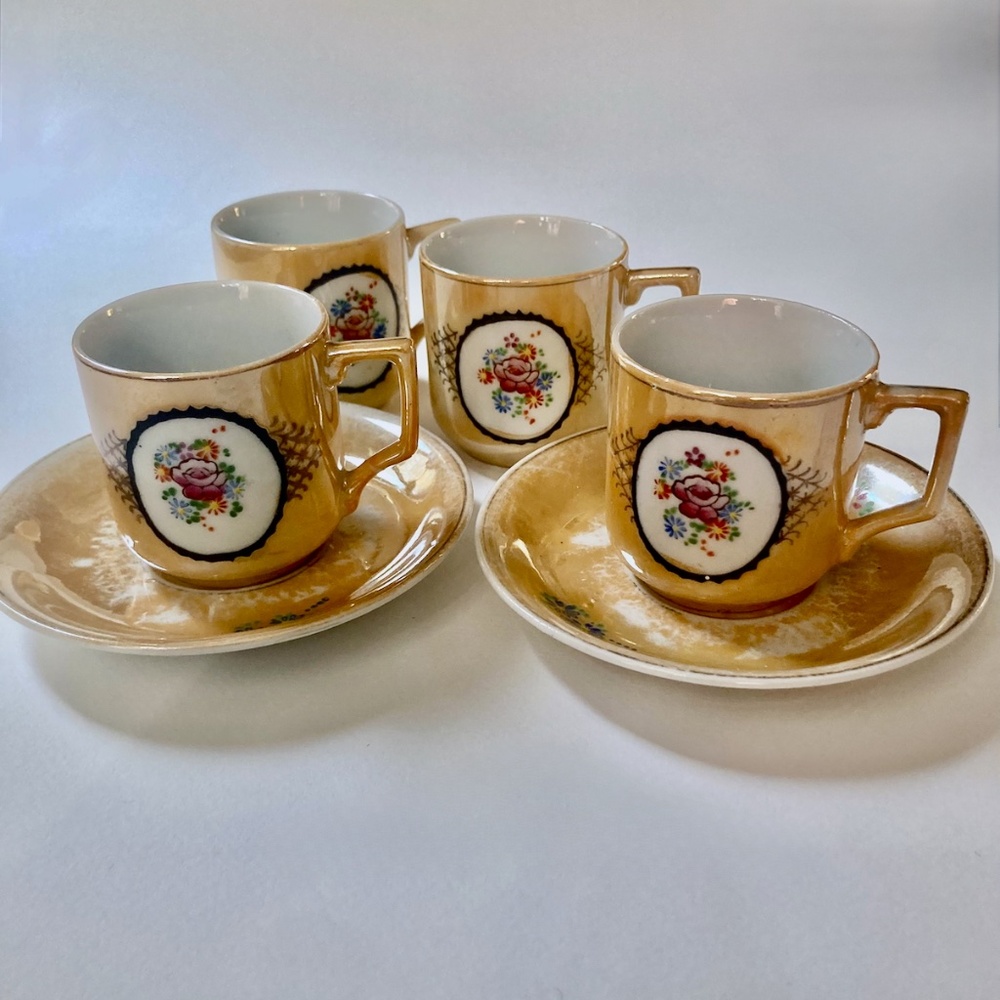 Japanese Orange Porcelain Lustreware 4 Demitasse Cups & 2 Saucers, 1940's